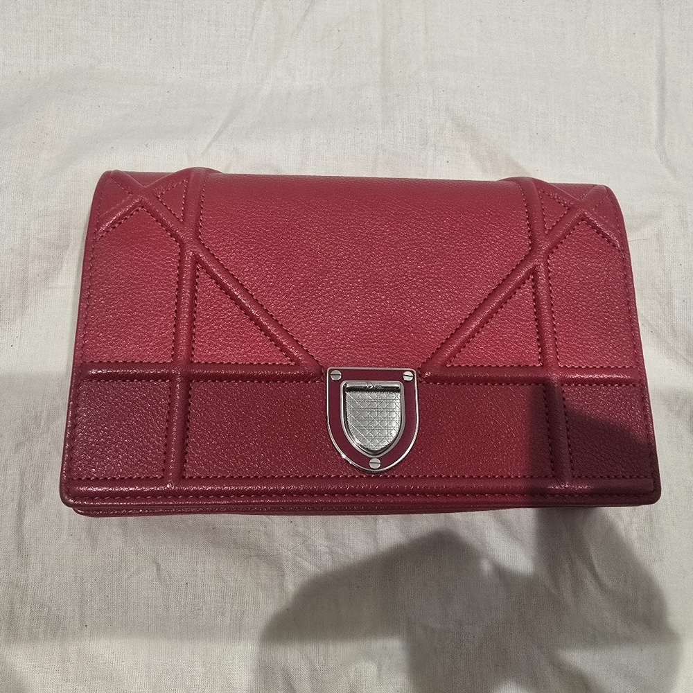 Christian Dior Grained Calfskin Diorama Wallet on Chain Pouch Rouge Via
